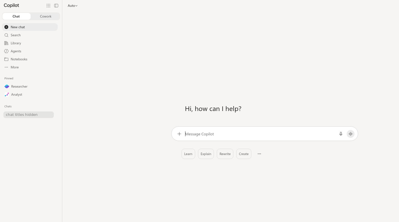 Copilot chat home (consumer Copilot screenshot)