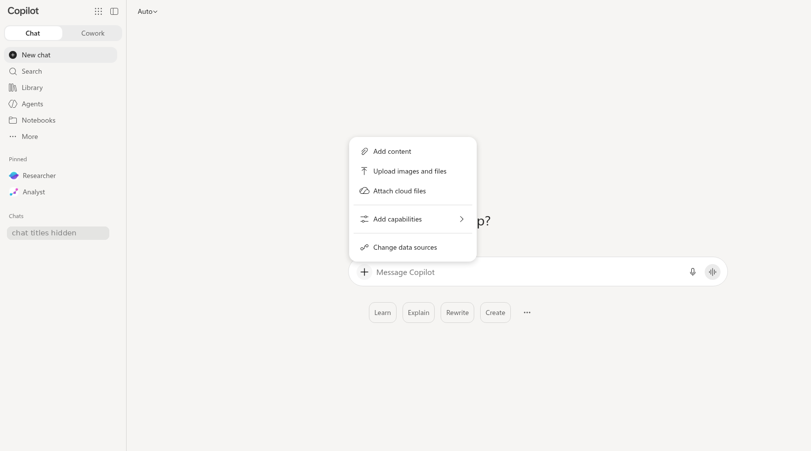 Plus button menu (consumer Copilot screenshot)