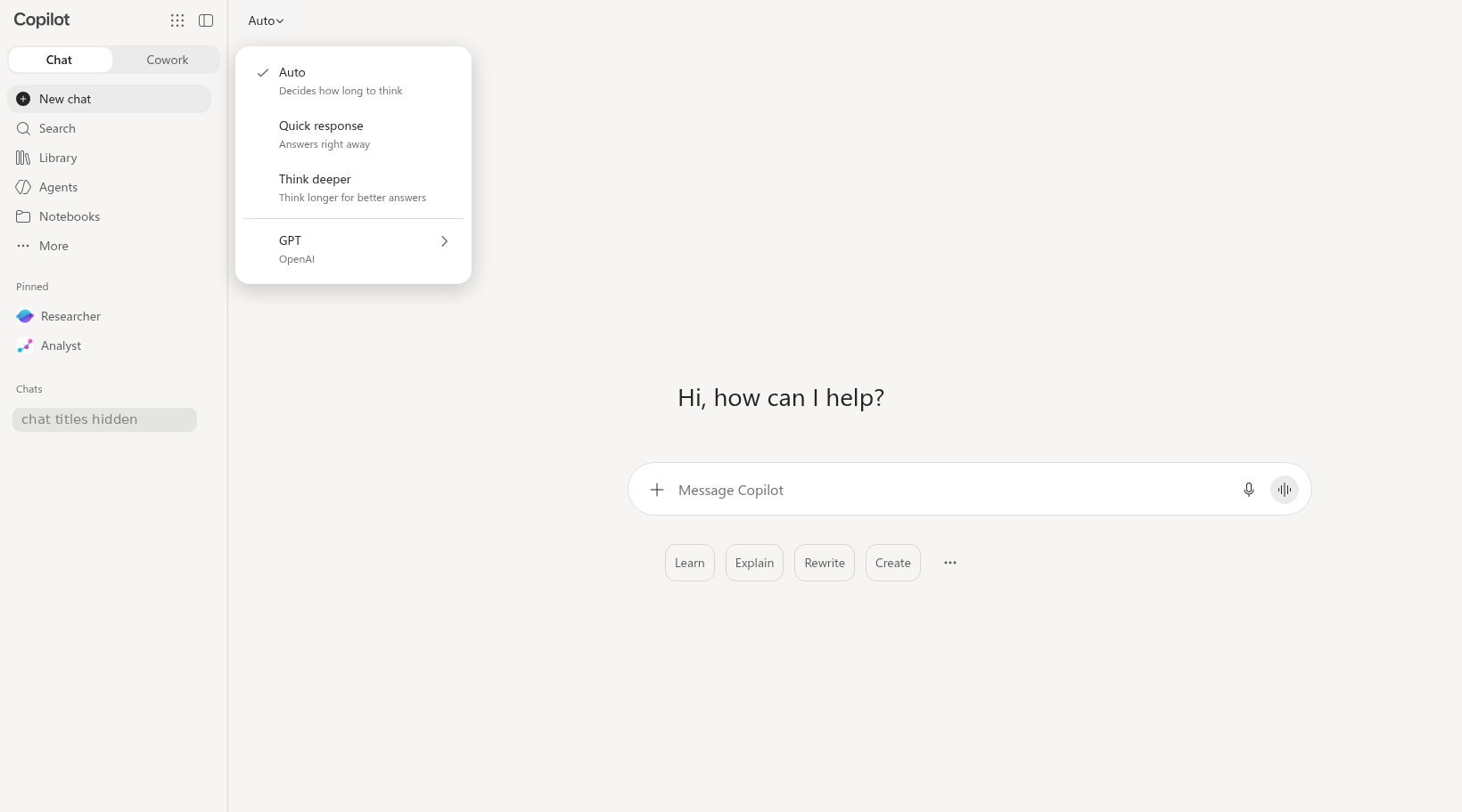 Model selector menu (consumer Copilot screenshot)