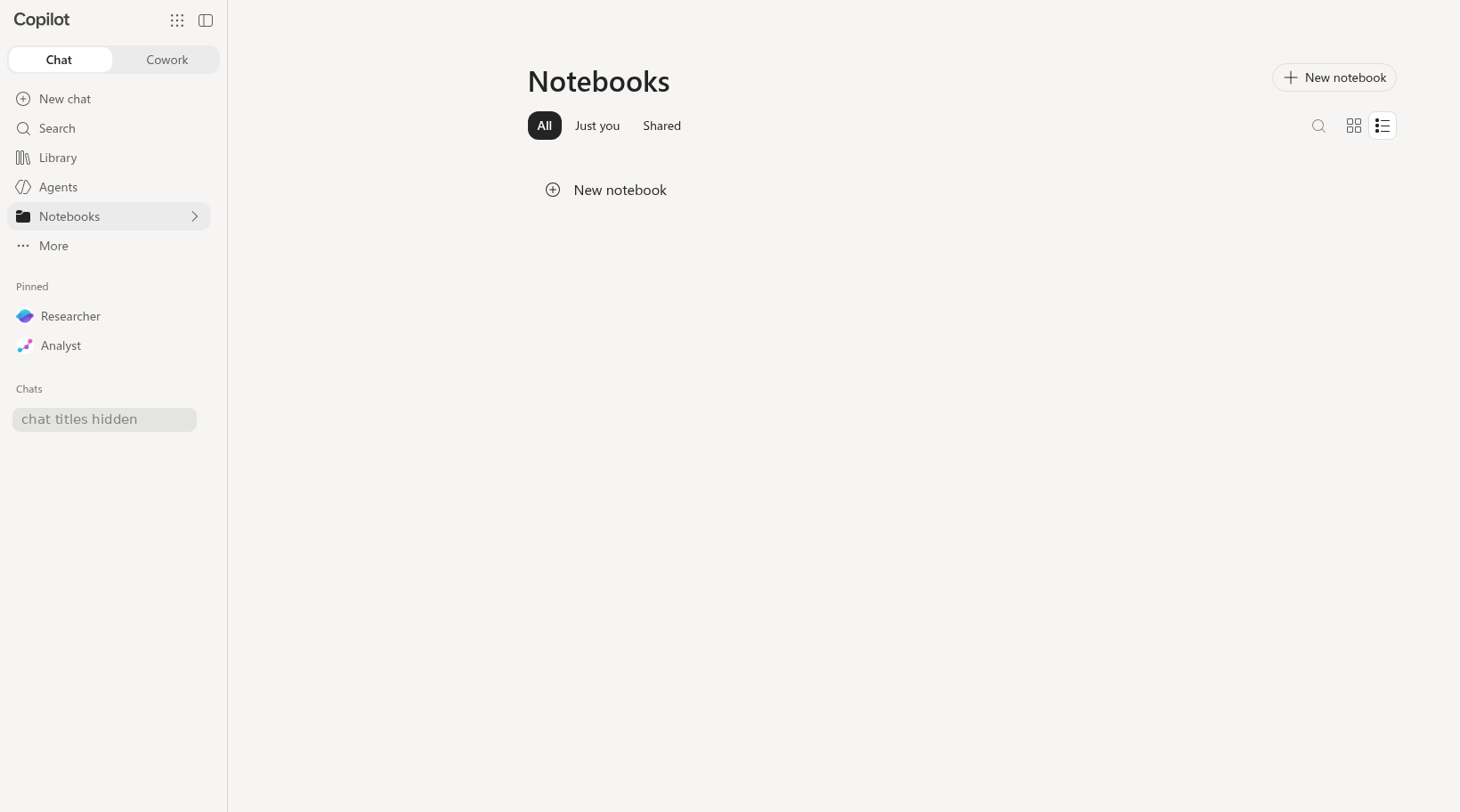 Notebooks page (consumer Copilot screenshot)